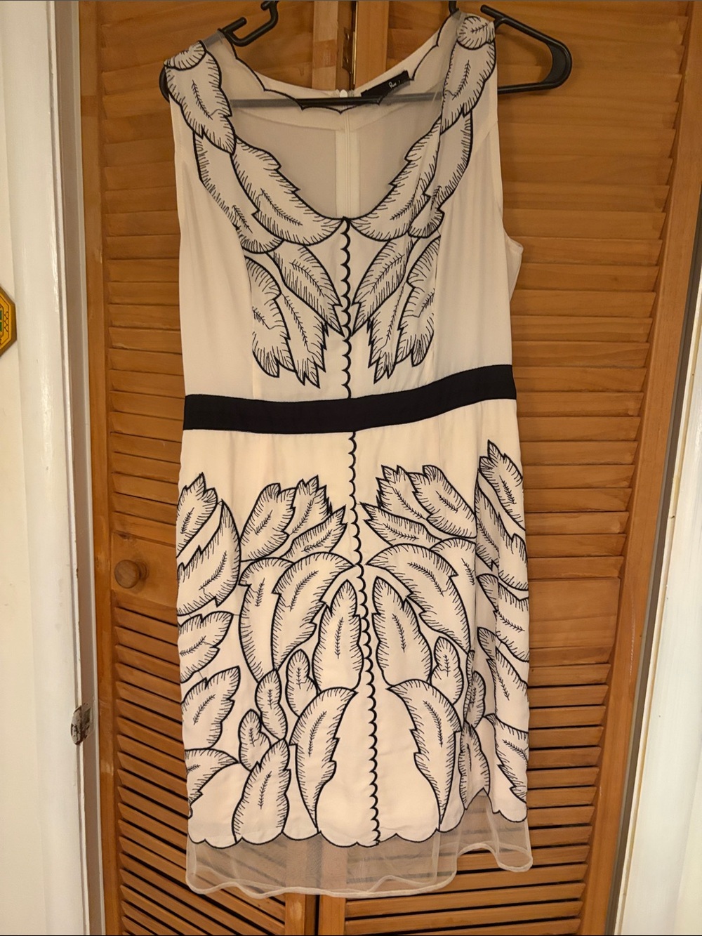 White Sleeveless Dress with Black Leaf Embroidery